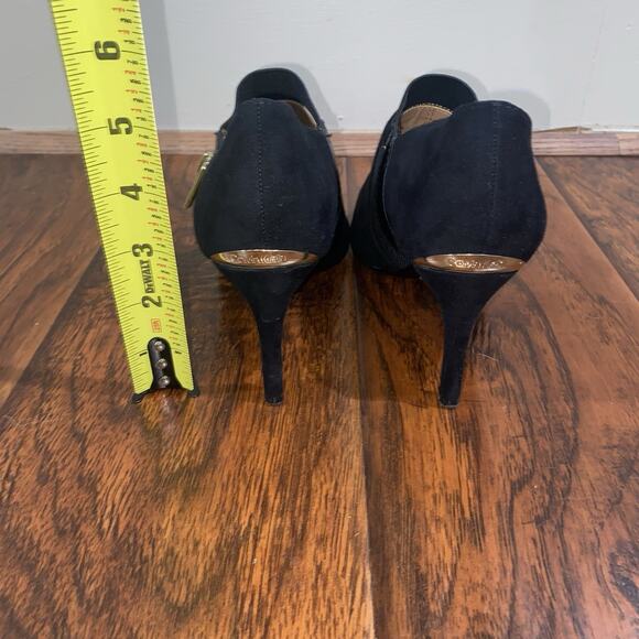 CALVIN KLEIN Black Suede Booties Sz 6.5 Gold Side Zip Stiletto Heel Chic Sexy - Picture 2 of 7